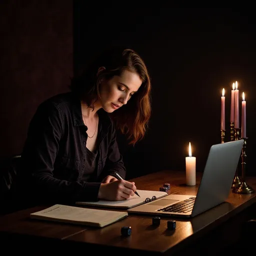 Prompt: Valeska is writing notes on a legal pad while an open laptop computer stands nearby on the desk. She is in a darkened arcane study with candles providing the only llight. Several dice are scattered across the desk.