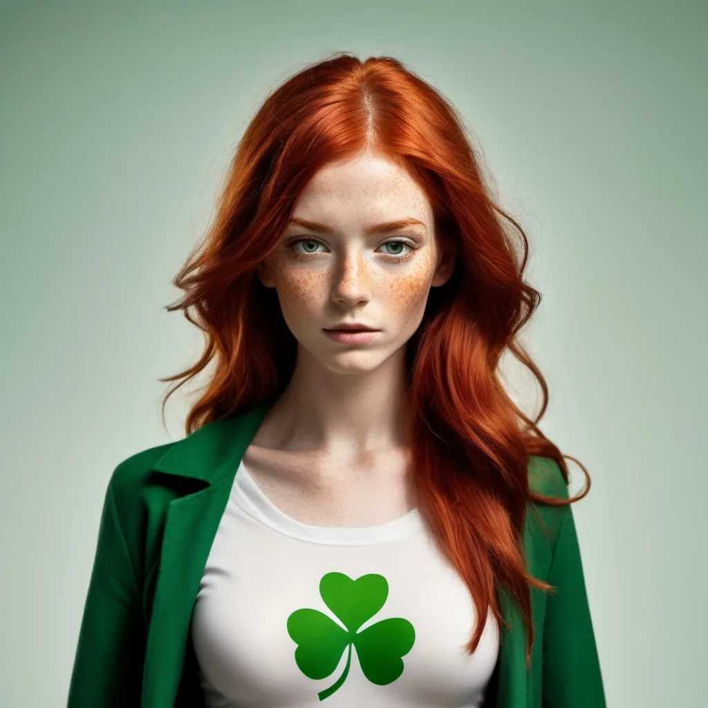 Prompt:  a slender young woman with wild red hair and lots of freckles all over her body. She is the superhero Irish Spring. She has a large silhouette of a shamrock on her chest.