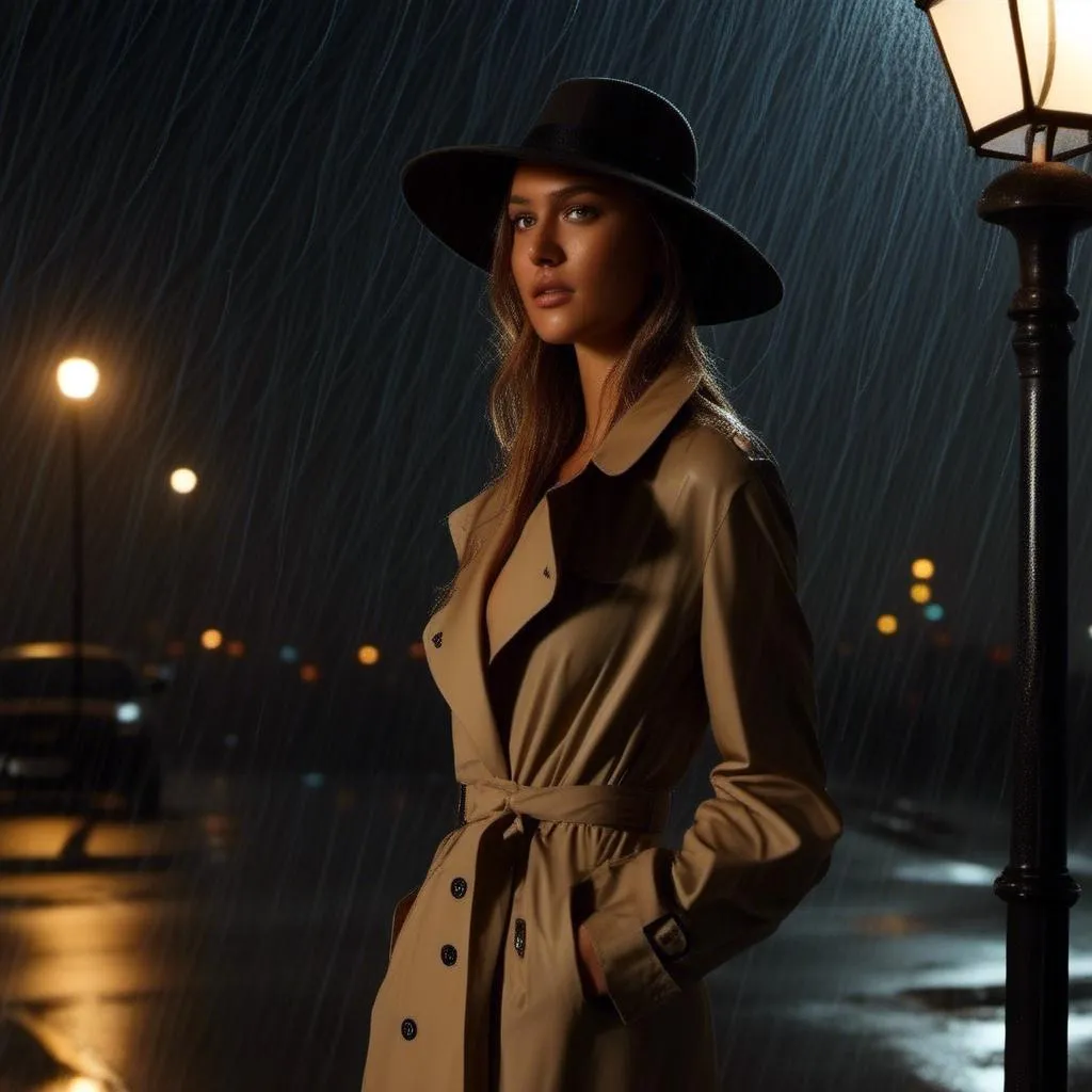 Prompt: <mymodel> is a hardboiled detective in a trenchcoat and fedora. She is standing under a street lamp on a rainy night.