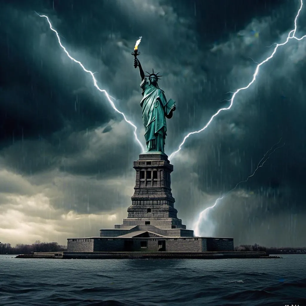 Prompt: <mymodel>(misc-macabre style), (Donald Trump), sword fight, (Statue of Liberty) backdrop, stormy sky, dramatic lighting with lightning streaks, dark color scheme, intense atmosphere, turbulent clouds, fierce expressions, cinematic composition, high detail, (ultra-detailed), (dynamic action), dark tones of blue and grey, electric contrasts.