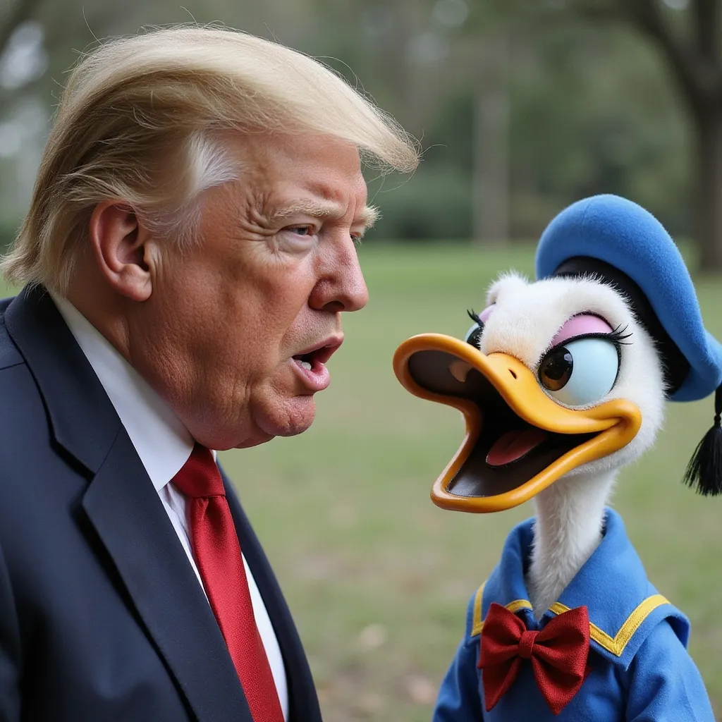 Prompt: Donald Trump and Donald Duck are face-to-beak, yelling at each other angrily.