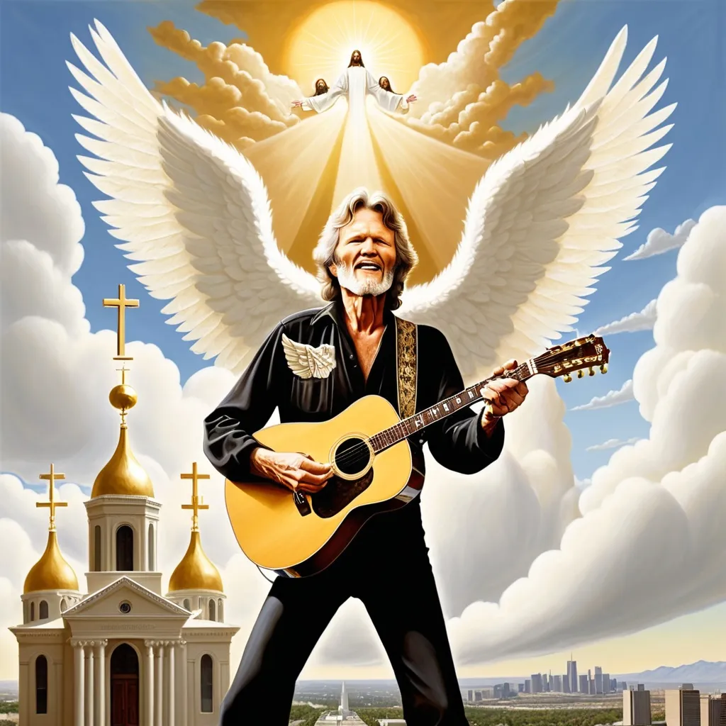 Prompt: Kris Kristofferson is playing his guitar and singing with Jesus Christ the Savior and a thin angel with big white feathery wings. Golden towers and billowing white clouds  rise in the background