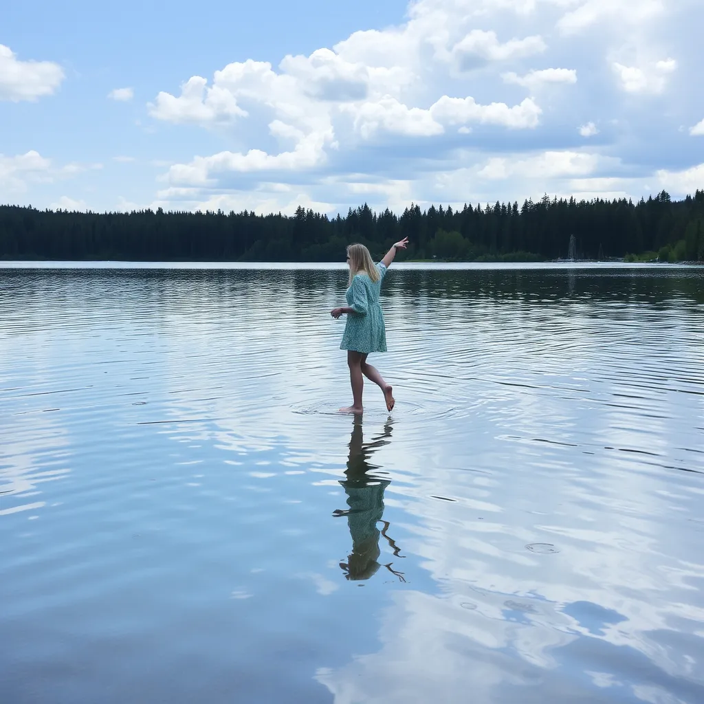 Prompt: She is walking barefoot on the surface of the lake.