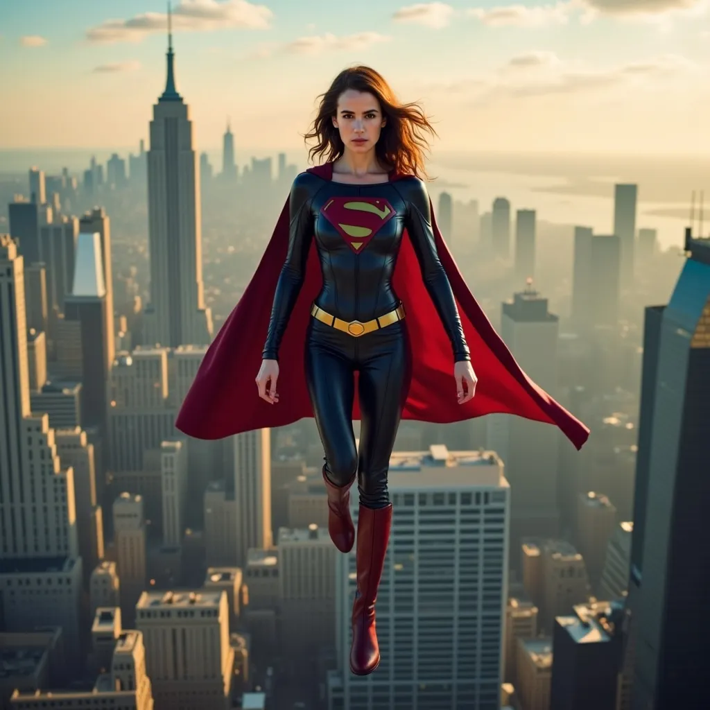 Prompt: physically fit young woman is a superhero flying above the city. Full body shot.