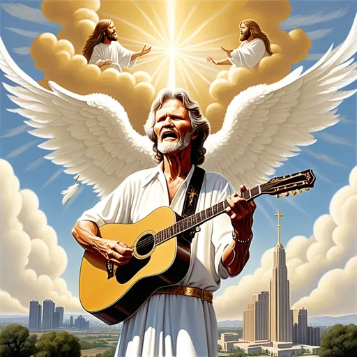 Prompt: Kris Kristofferson is playing his guitar and singing with Jesus Christ the Savior and a thin angel with big white feathery wings. Golden towers and billowing white clouds  rise in the background