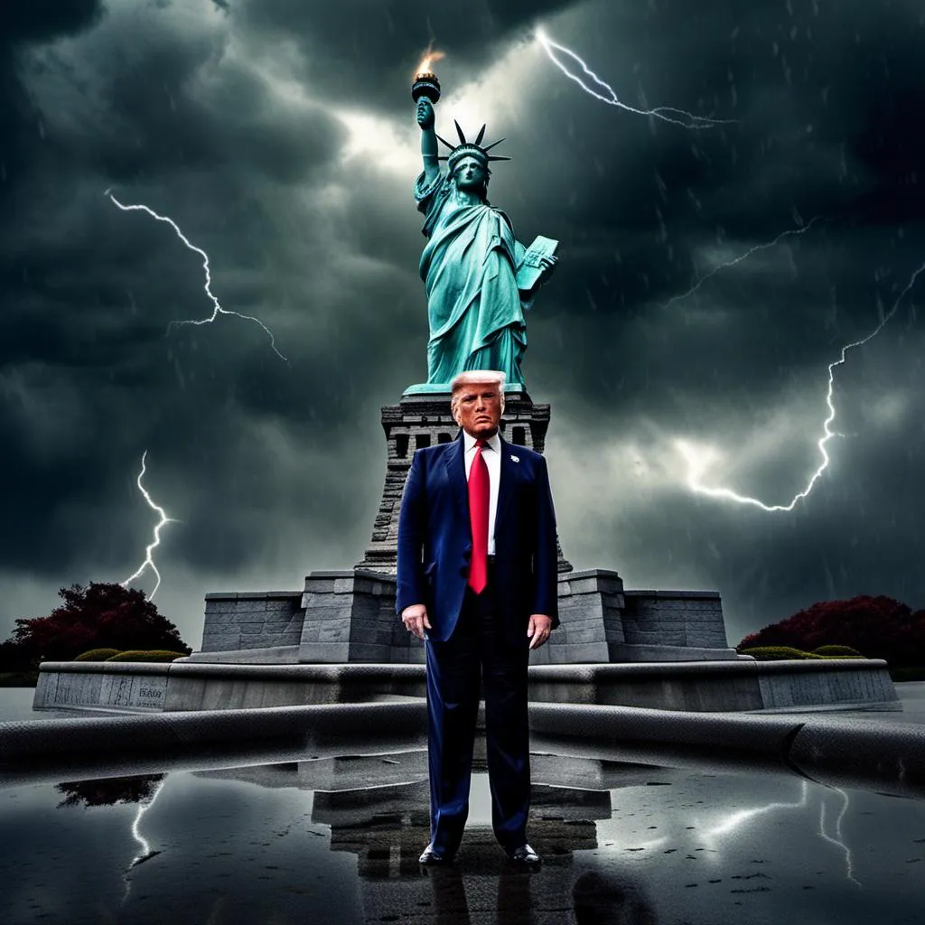 Prompt: <mymodel>(misc-macabre style), (Puddles the Evil Clown) (Donald Trump), sword fight, (Statue of Liberty) backdrop, stormy sky, dramatic lighting with lightning streaks, dark color scheme, intense atmosphere, turbulent clouds, fierce expressions, cinematic composition, high detail, (ultra-detailed), (dynamic action), dark tones of blue and grey, electric contrasts.