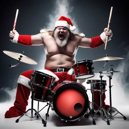 Prompt: a heavy metal drummer is celebrating Christmas by thrashing on his drums.
