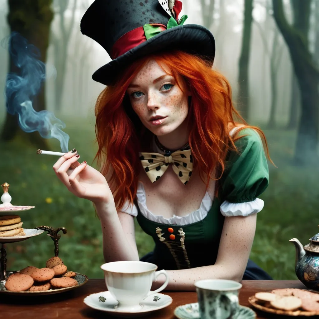 Prompt: a slender young woman with wild red hair and lots of freckles all over her body. She in Wonderland, smoking a joint while having tea with the Mad Hatter.