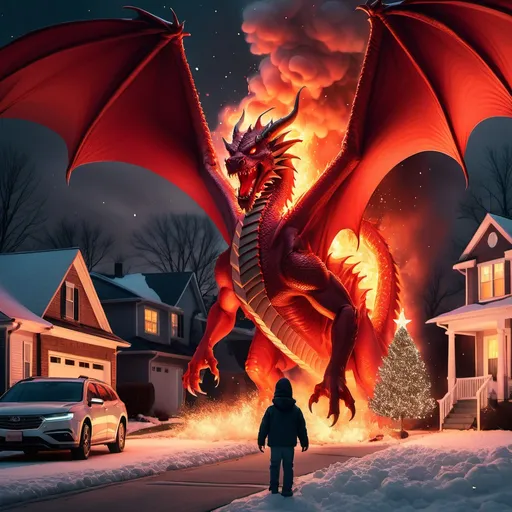 Prompt: A massive red dragon is destroying a suburban neighborhood with its unstoppable fire breath on Christmas night