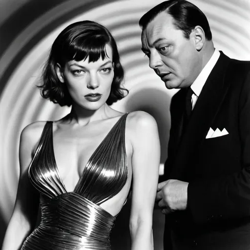 Prompt: milla jovovich and peter lorre, slinky dress