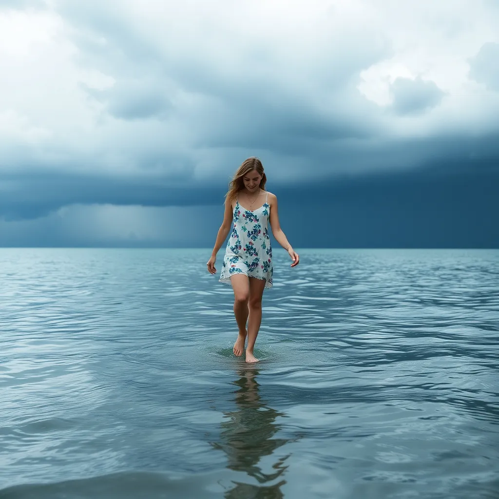 Prompt: She is walking barefoot on the water's surface under a stormy sky.