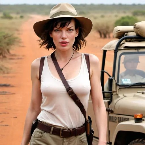 Prompt: milla jovovich on safari