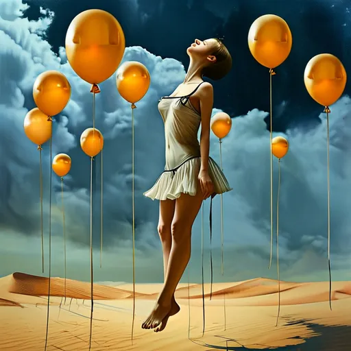 Prompt: a thin young woman in a short nightie has been hanged by the neck from a dozen or more floating balloons. She floats, limp and dead, over the deserted night streets, her head titled downward. Her head is twisted left at an unnatural angle due to her broken neck. Strings are wrapped around her neck and throat. Stormclouds roil in the sky overhead