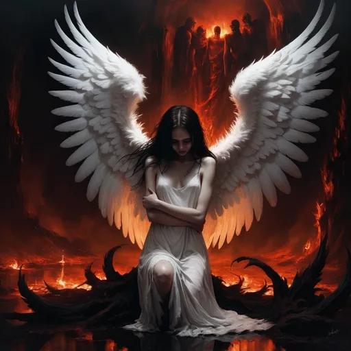 Prompt: (misc-macabre style), a thin young female angel with (gigantic white feathery wings), hugging one of the damned in (Hell), dark color scheme with deep shadows, eerie ambiance, dramatic contrasts, high detail, a surreal landscape of fiery backgrounds and tortured souls, captivating emotions of despair and compassion, ultra-detailed, inviting melancholic reflections.