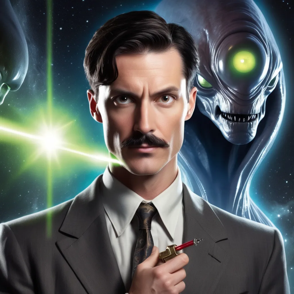 Prompt: Book cover. It's 1944. Full body image. Master Key is a slender middle-aged man with dark hair, a thin pencil mustache, high cheekbones, and a slight smirk. Master Key is staring at a space alien, magical energy flashing in his right eye. An energy beam shoots from Master Key's right eye and strikes the alien.