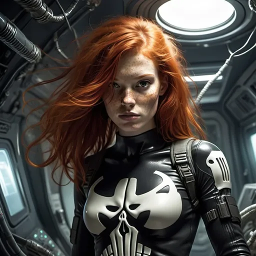 Prompt: She is a slender young woman with wild red hair and lots of freckles all over her body. She is the Punisher, and she is in outer space, fighting aliens.