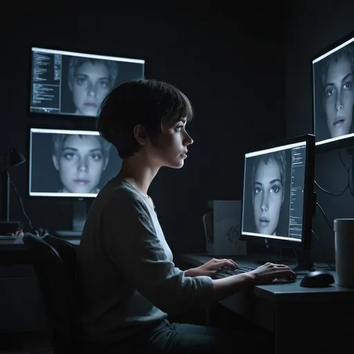 Prompt: a person with short hair sits in front of a computer in a dark room, the only light coming from the monitor. It's hard to tell if the person is a male or female. There is a mysterious air about the scene. He or she is generating AI art.