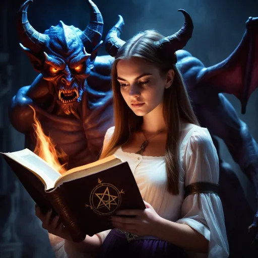 Prompt: Pretty young woman reading an ancient book of spells while a demon looks over her shoulder.