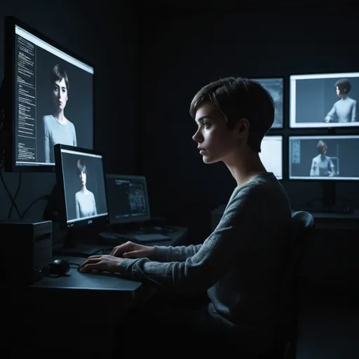 Prompt: a person with short hair sits in front of a computer in a dark room, the only light coming from the monitor. It's hard to tell if the person is a male or female. There is a mysterious air about the scene. He or she is generating AI art.