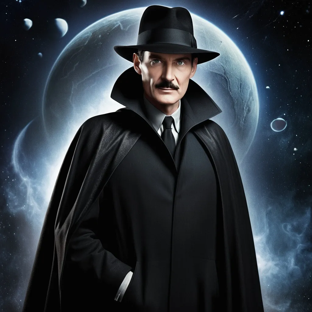 Prompt: Movie poster. It's 1944. Full body image. He is a slender middle-aged man with dark hair, a thin pencil mustache, high cheekbones, and a slight smirk. His left eye glitters with arcane energy from space. He is dressed in a black fedora with a wide brim and wrapped in a large black cloak. He is Master Key, a hero who is ready for action. He is in a fog-shrouded street late at night.