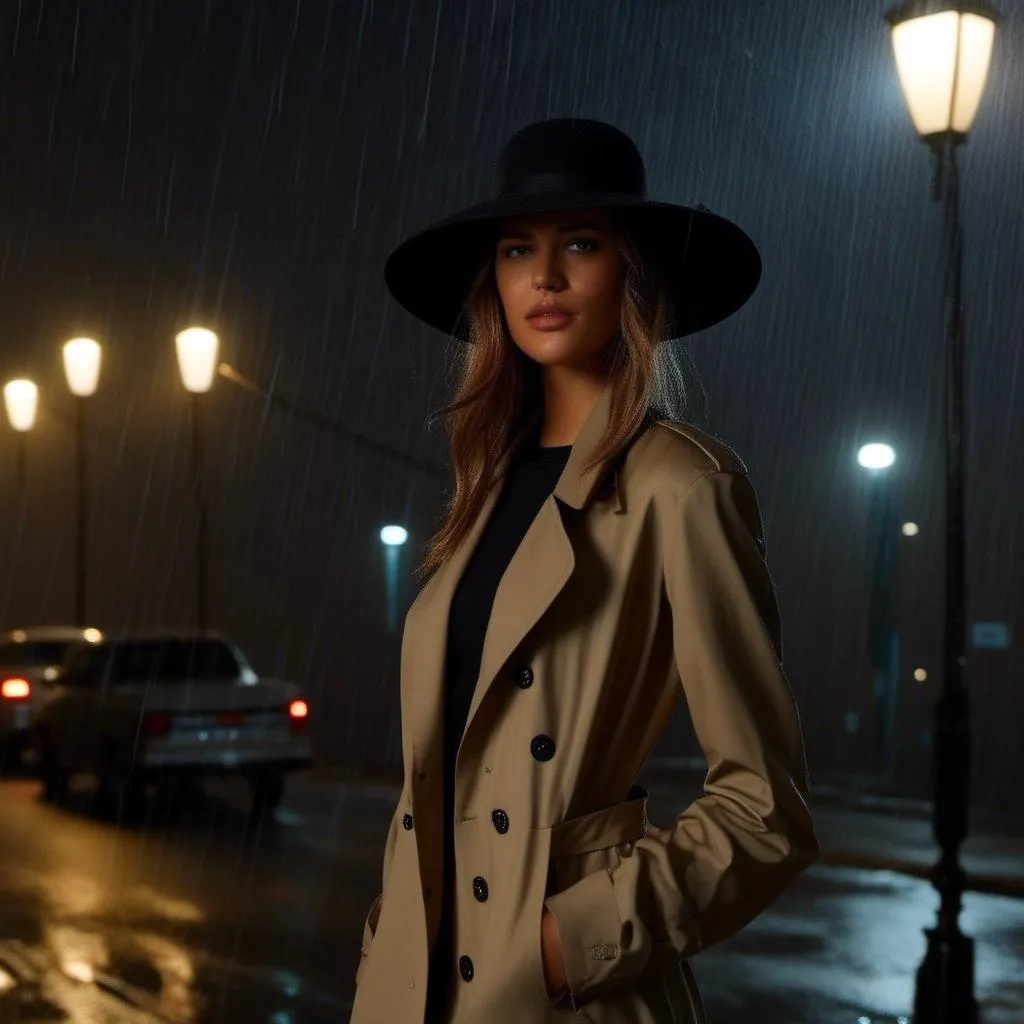 Prompt: <mymodel> is a hardboiled detective in a trenchcoat and fedora. She is standing under a street lamp on a rainy night.