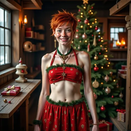 Prompt: She is wearing a strapless ugly Christmas halter top and an ugly Christmas mini-skirt. Full body image.