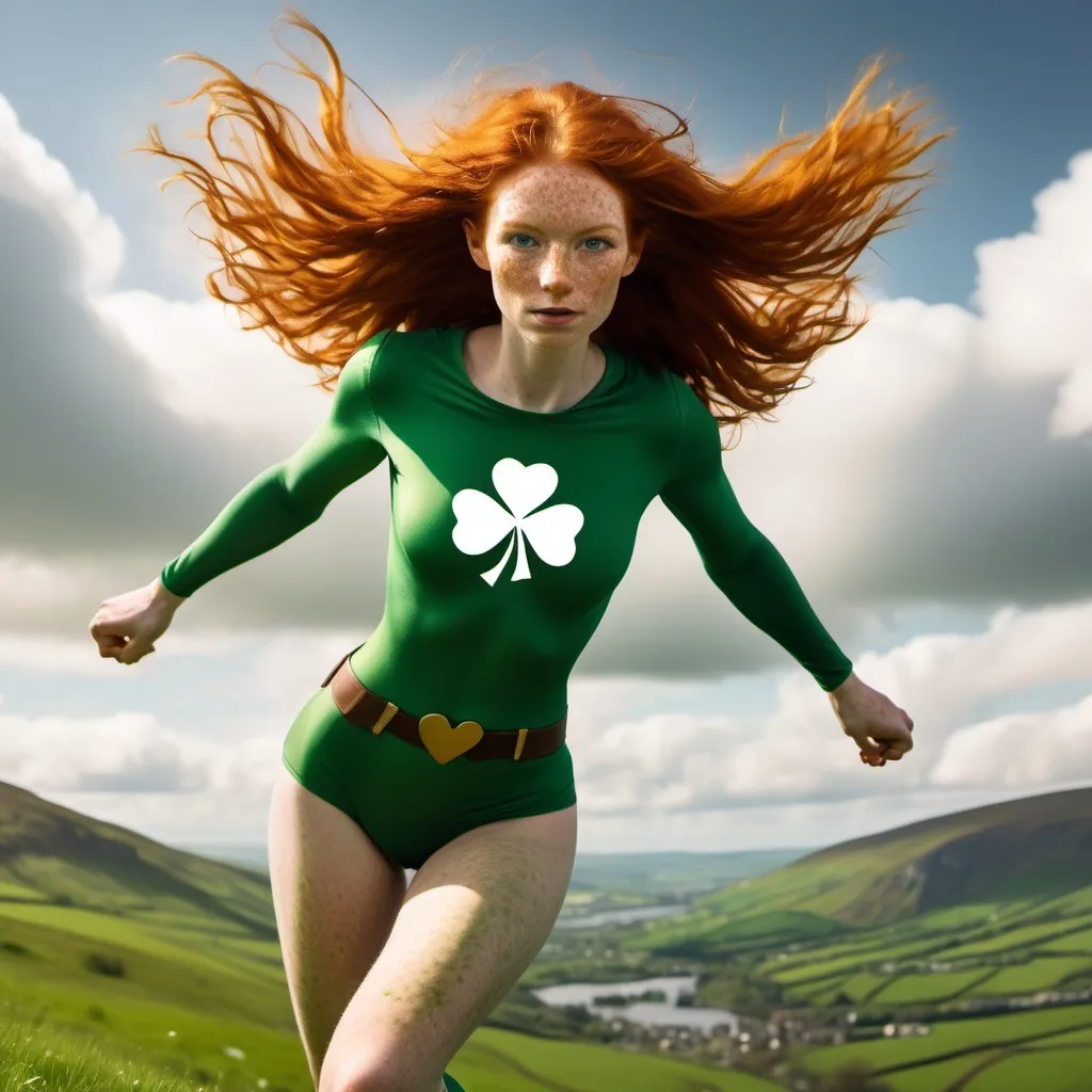 Prompt: She is a slender young woman with wild red hair and lots of freckles all over her body. She is superhero Irish Spring. She has a silhoutte of a shamrock on her chest. She is flying through the sky, high above the green valleys of Ireland.