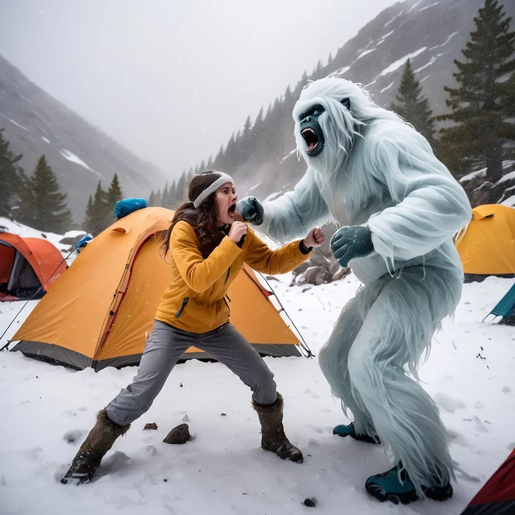 Prompt: Yeti fighting young women in mountain camp during snowstorm