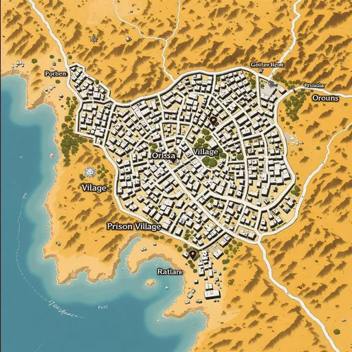 Prompt: map of prisoner village near oasis