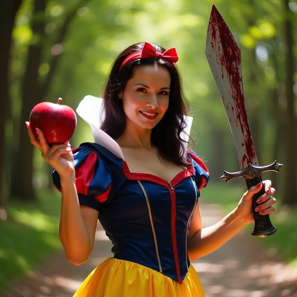 Prompt: She is Snow White, wearing the dress of the Disney version. She is holding a large red apple in one hand and a large dagger dripping with blood in the other. She is in a sun-dappled forest grove. 