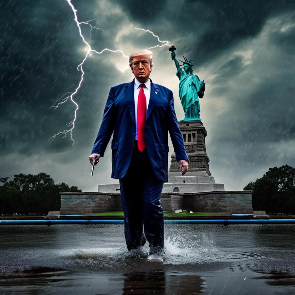 Prompt: <mymodel>(misc-macabre style), (Puddles the Evil Clown) (Donald Trump), sword fight, (Statue of Liberty) backdrop, stormy sky, dramatic lighting with lightning streaks, dark color scheme, intense atmosphere, turbulent clouds, fierce expressions, cinematic composition, high detail, (ultra-detailed), (dynamic action), dark tones of blue and grey, electric contrasts.