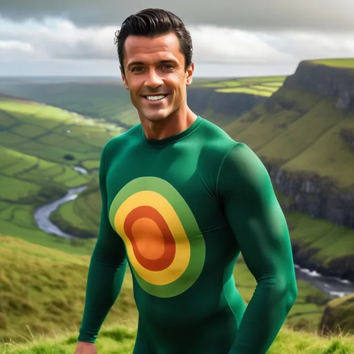 Prompt: He is a handsome man with dark hair and tanned skin. He is  Rainbow, dressed in a dark green bodysuit. He has a multi-colored shamrock icon on his chest. He is flying through the sky, high above the green valleys of Ireland.