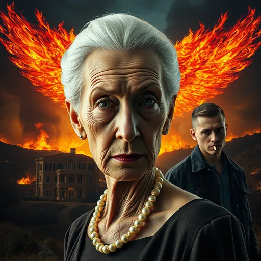 Prompt: movie poster, abstract, dramatic. In the immedate foreground, in extreme close-up, is the face and shoulders of a thin 90-year-old woman with high cheekbones, bright eyes, and a stern look on her face. Her white hair is in a bun and she is wearing a nice dress and a string of pearls. In the near background, is an unshaven young man with a crew cut in a black jeans jacket, smoking a cigaretteThe backdrop for the whole image is a landscape consumed by wildfires and an elegant mansion. A massively giant flaming image roughly shaped like a bird spreading its fiery wings and filling the sky and heavens with deadly flames. It is nighttime, but the fires are casting light and deep shadows.