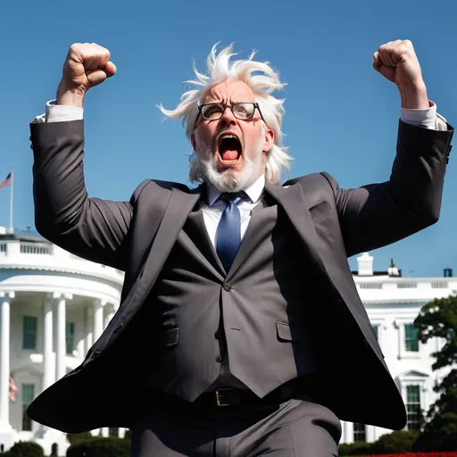 Prompt: A bearded man with messy white hair, in a disshelved suit and glasses, is standing outside the White House, shaking his fists at the sky and screaming angrily. He weighs 300 pounds.