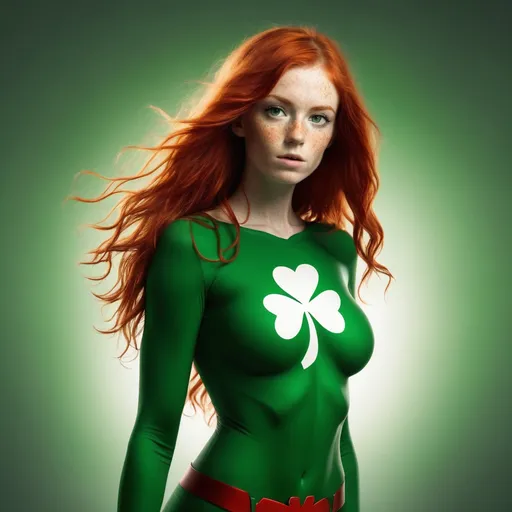 Prompt: She is a slender young woman with wild red hair and lots of freckles all over her body. She is superhero Irish Spring. She has a silhoutte of a shamrock on her chest.