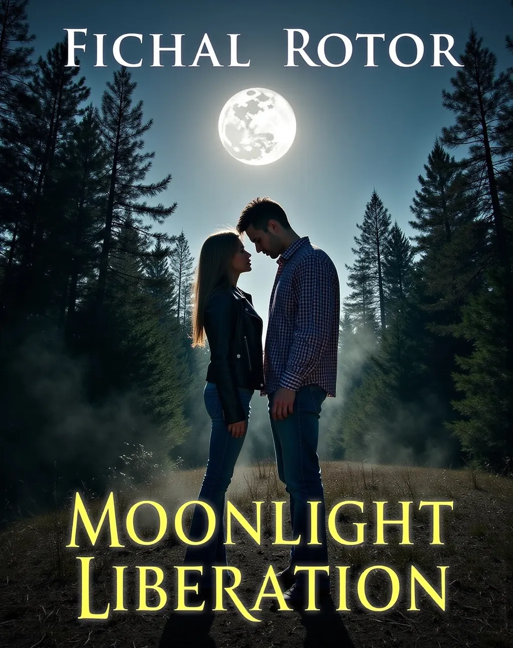 Prompt: A full moon hangs in a clear sky overhead. She is in a forest clearing, wearing jeans, hiking books, and a jacket, face to face with a mysterious, handsome man in jeans and a checkered shirt. Light mist drifts through a clearing. Book cover "Moonlight Liberation"