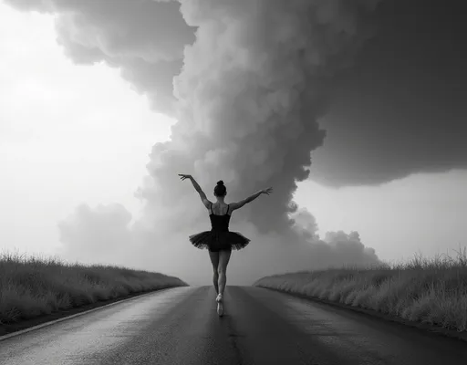 Prompt: black and white, ballet dancer in a leotard and pointe shoes is dancing in the middle of a tornado.