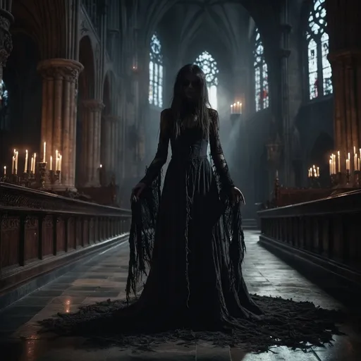 Prompt: (misc-macabre scene), thin young woman wearing shreds of clothing  is fondled by a demon in a cathedral shrouded in shadows, (eerie ambiance), evil spellbook beside her, (ominous demon looming), deep dark color scheme with muted tones, intricate details in background, ethereal lighting accents, capturing a mysterious tension, (4K, ultra-detailed), haunting atmosphere that evokes intrigue and fascination.