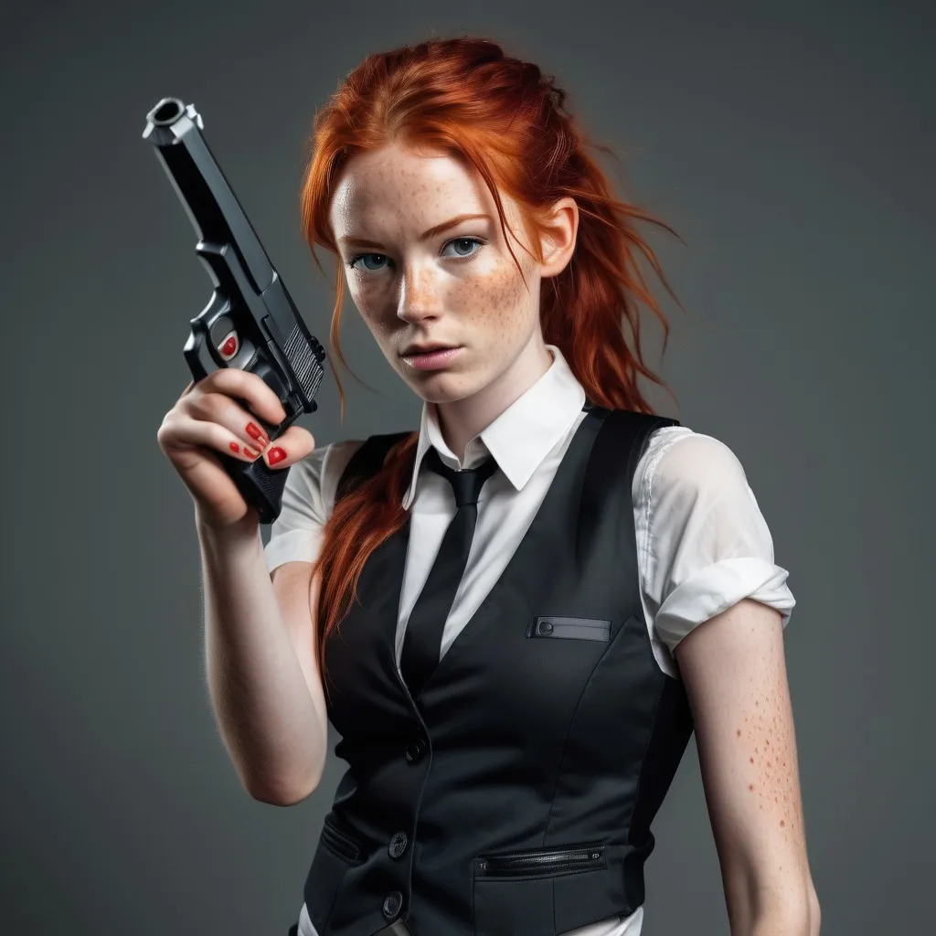 Prompt:  a slender young woman with wild red hair and lots of freckles all over her body. She is the new 007, wearing flack vest and aiming an automatic handgun at the viewer.