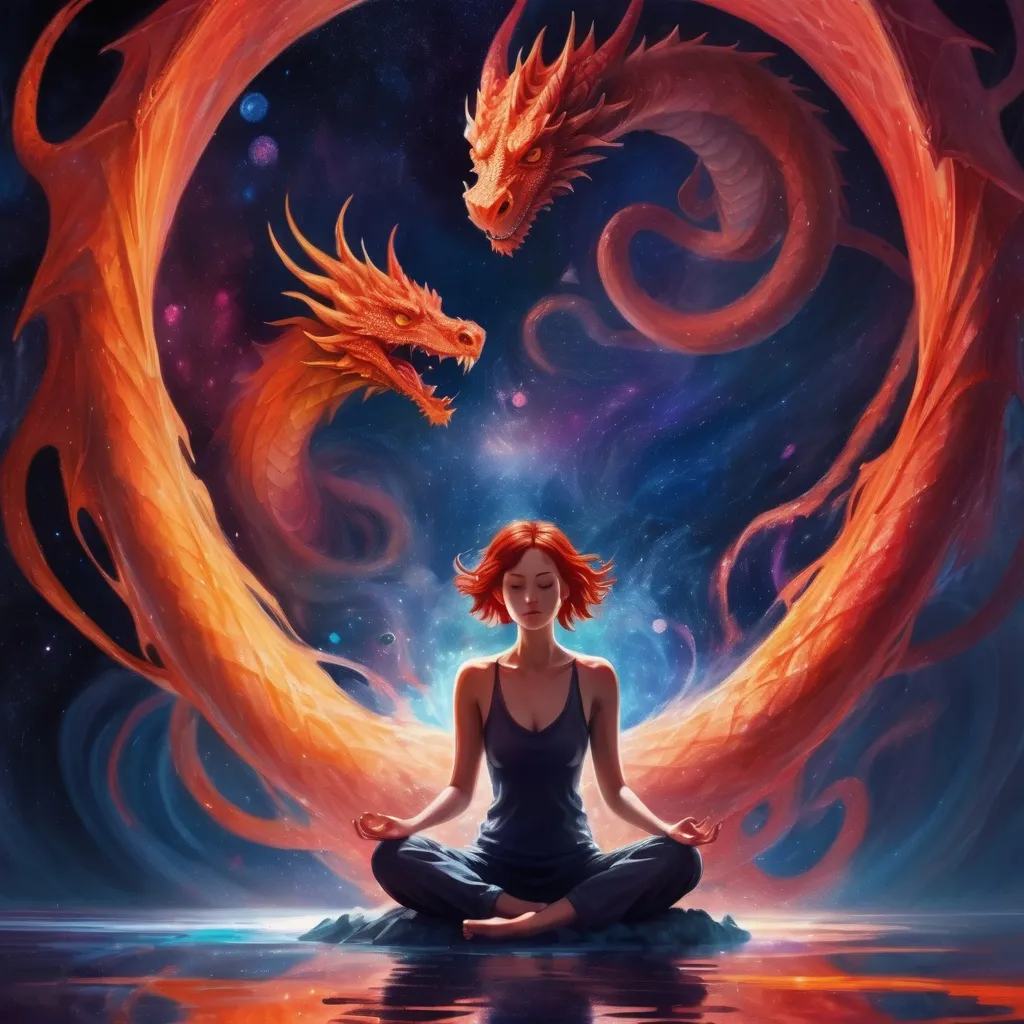 Prompt: A slender woman with wild, messy short red hair and lots of freckles all over her body who is secretly an ancient red dragon. She is floating in the void beyond existence surrounded and being engulfed by swirling colors and spirals. She is meditating in the space beyond existence.
