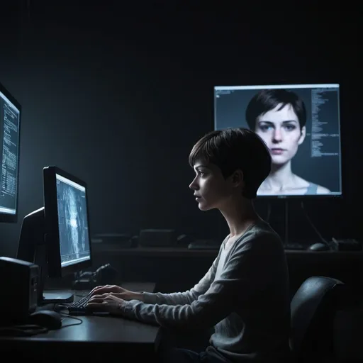 Prompt: a person with short hair sits in front of a computer in a dark room, the only light coming from the monitor. It's hard to tell if the person is a male or female. There is a mysterious air about the scene. He or she is generating AI art.