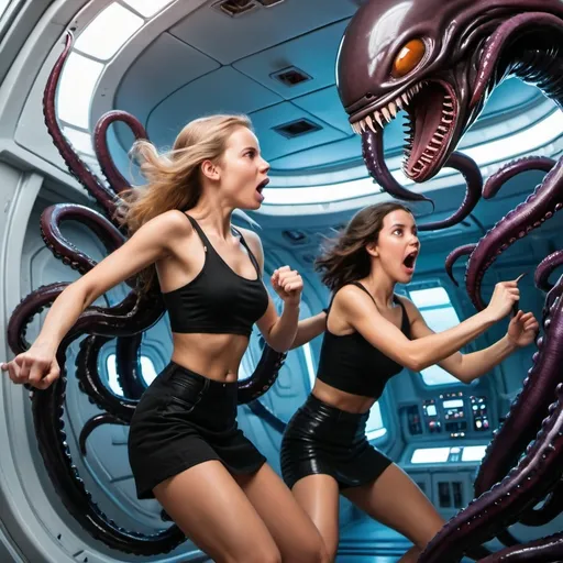 Prompt: young women fighting black alien tentacles on spaceship