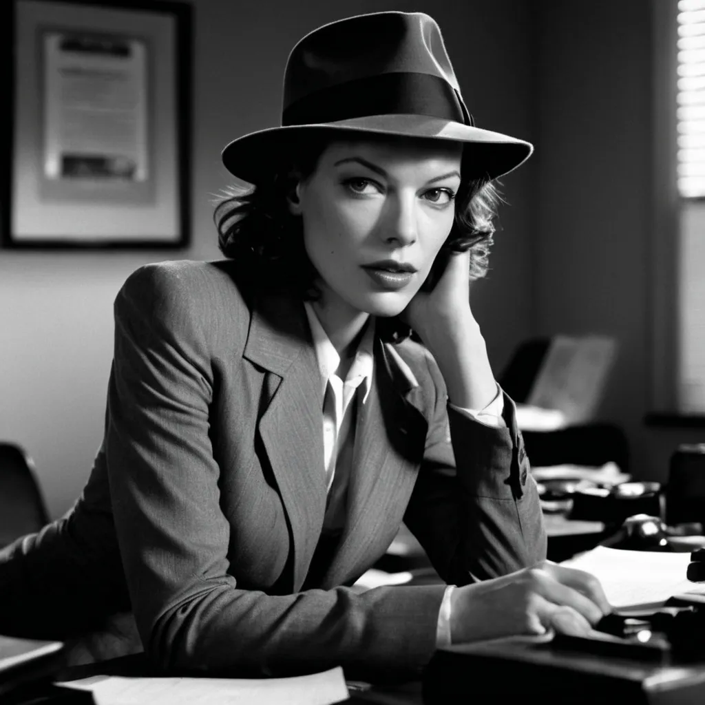 Prompt: milla jovovich, film noir detective, wearing fedora, darkened office, sitting on desk