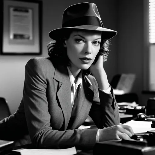 Prompt: milla jovovich, film noir detective, wearing fedora, darkened office, sitting on desk