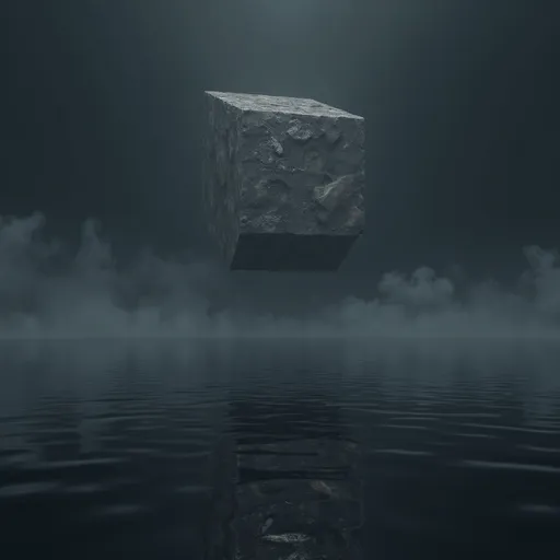 Prompt: a strange cubic modern strcture floating in the infinite void and the structure reflect on the ground, in a dark atmosphere