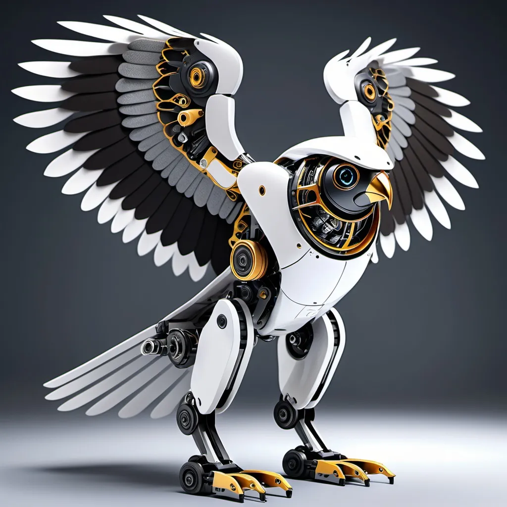 Prompt: robotic falcon with big wings open with so much detalis