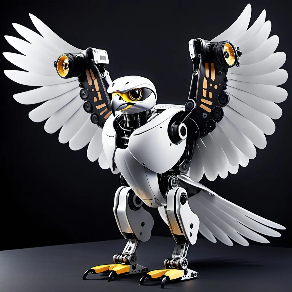 Prompt: robotic falcon with big wings open 