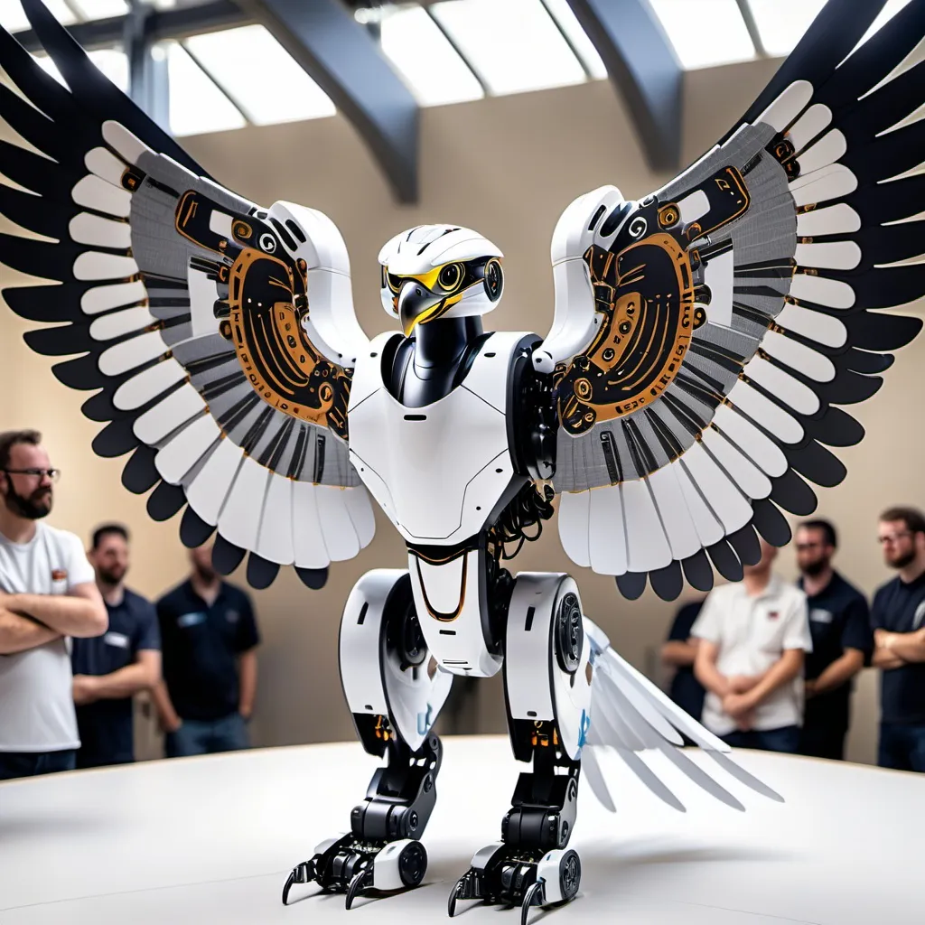 Prompt: robotic falcon with big wings open 