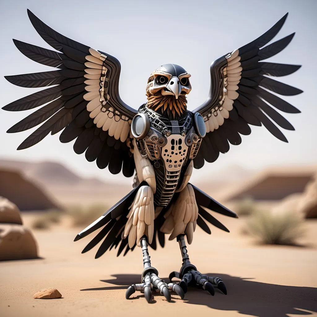 Prompt: real made elctronic falcon with big wings open with so much detalis and showin inside parts and wires and transperent skull  and desert background