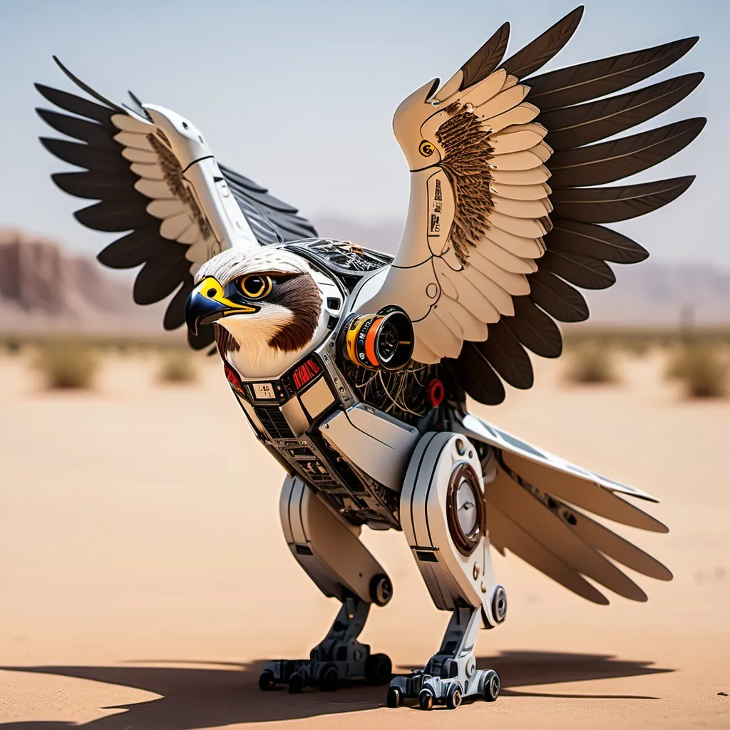 Prompt: real made elctronic falcon with big wings open with so much detalis and showin inside parts and wires and desert background